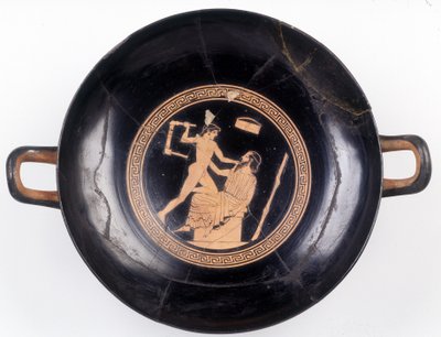 Malerei auf Schale: Darstellung von Herakles, der einen Stuhl schwingt, um seinen Musiklehrer zu schlagen, 470 v. Chr. BNF, Medaillenamt von Greek