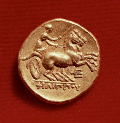 Rückseite eines Staters von Philipp II. (382-336 v. Chr.) von Makedonien, einen Wagenlenker darstellend, 356-336 v. Chr. (Gold) von Greek School