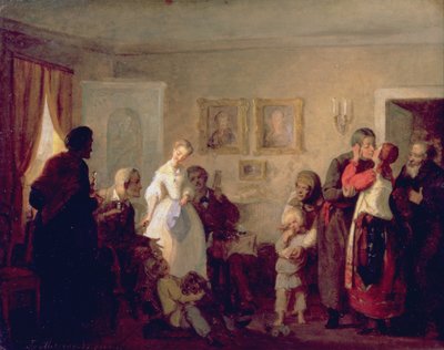 Gratulation der Neuvermählten in einem Herrenhaus von Grigori Grigorievich Mjasoedov