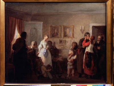 Glückwünsche an ein frisch verheiratetes Paar in einem Herrenhaus von Grigori Grigoryevich Myasoedov