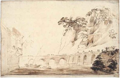 Landschaft mit einem Fluss, der von einer Brücke überquert wird, gesäumt von Zuschauern, die zu einem Gebäude mit einer überhängenden Loggia mit einer Gruppe von Zuschauern führt von Guercino