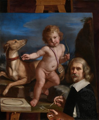 Selbstporträt vor einem Gemälde von "Amor Fedele" von Guercino