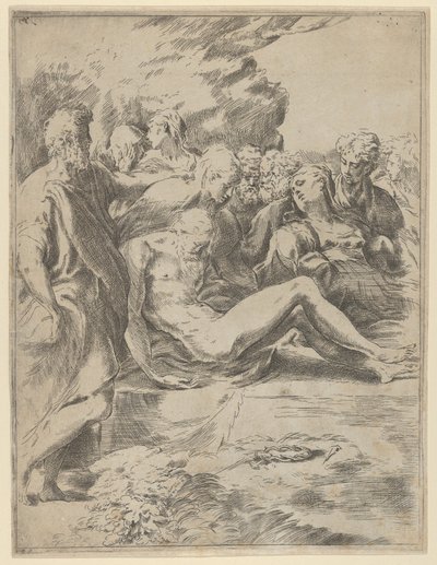 Die Grablegung, Christus mit ausgestreckten Beinen, die Jungfrau rechts, 1590-1600 von Guido Reni