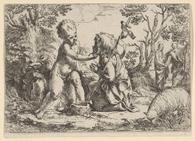 Junger Heiliger Johannes der Täufer kniend vor dem Jesuskind, das sein Gesicht streichelt, ca. 1600-1640 von Guido Reni