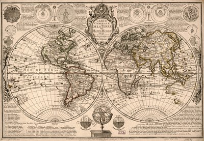 Allgemeine Karte der Erde - oder Weltkarte mit den vier Hauptsystemen und den Figuren der sieben Planeten von Guillaume Danet
