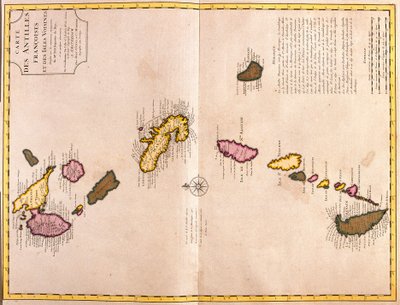 Karten der Karibischen Inseln (Guadeloupe, Marie Galante, Dominica, Martinique, Saint Lucia, Saint Vincent, Barbados, Grenadinen und Grenada) (Radierung) von Guillaume Delisle