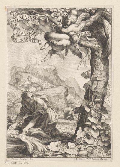Allegorische Darstellung einer gekrönten Frau, die einen Kalebassenbaum gießt; im Hintergrund besteigen Figuren einen Berg (Titelblatt für: Giovanni Baptista Ferrari, Fasti Senenses, Ab Academia Intronatorum Editi, 1661) von Guillaume Vallet