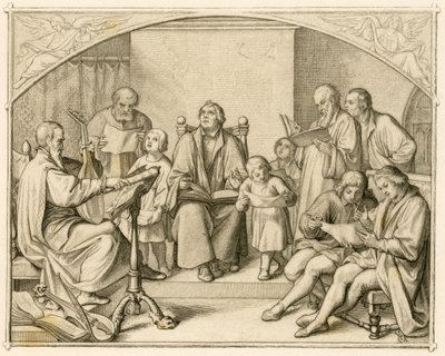 Luthers Einführung deutscher protestantischer Kirchenlieder zusammen mit seinen Kindern und Freunden unter der Leitung von Johannes Walther (1496-1570) von Gustav Ferdinand Leopold Konig