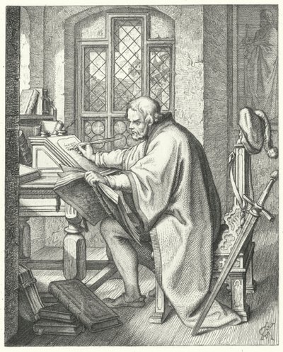 Martin Luther beginnt die Übersetzung der Bibel auf der Wartburg (Gravur) von Gustav Ferdinand Leopold Konig