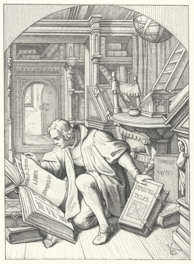 Martin Luther entdeckt eine lateinische Bibel in der Bibliothek der Universität Erfurt (Gravur) von Gustav Ferdinand Leopold Konig
