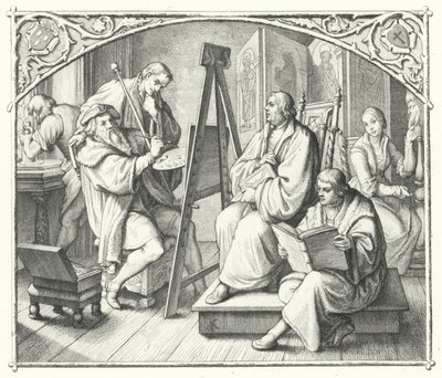 Martin Luther sitzt für ein Gemälde von Lucas Cranach dem Älteren (Gravur) von Gustav Ferdinand Leopold Konig