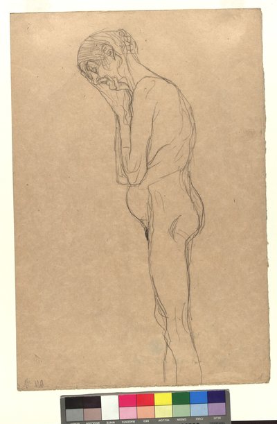 Aktdarstellung einer alten Frau im Profil nach links, den Kopf an die gefalteten Hände gelegt von Gustav Klimt