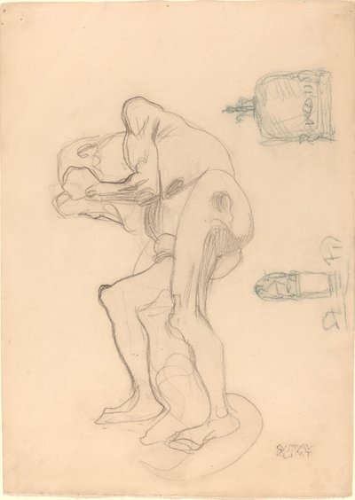 Studie einer nackten alten Frau, die ihre Fäuste ballt, und zwei dekorative Objekte von Gustav Klimt