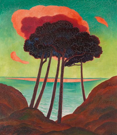 Kiefern mit einer roten Wolke von Gustav Wunderwald