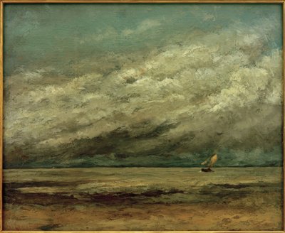 Segelboot nahe der Küste, stürmischer Himmel von Gustave Courbet