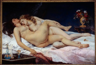 Schlaf. Zwei nackte Frauen umarmt in einem Bett von Gustave Courbet