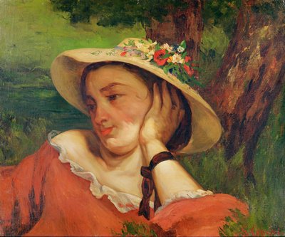 Frau mit Strohhut und Blumen, ca. 1857 von Gustave Courbet