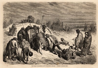 Eine Truppe von Bettlern und Kranken, ein wahres Wundergericht, ist auf dem Weg zu einer Diligence, um in der Nähe von Almuradiel (Provinz Mancha) um Almosen zu bitten. Zeichnung von Gustave Dore (1832-1883). Gravur zur Illustration der Reise nach Spanien, von Gustave Dore
