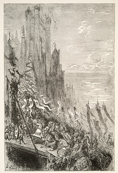 In der Stadt der Gräfin des Brunnens, aus Geschichten der Tage von König Artus von Charles Henry Hanson, veröffentlicht 1898 von Gustave Dore