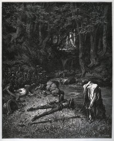 Biwak im Wald - Verzaubert von der Schönheit des Ortes beschlossen sie, dort die Stunden des Nickerchens zu verbringen - aus „Don Quixote de la Mancha“ von Miguel Cervantes (1547-1616) - Holzschnitt nach einer Zeichnung von Gustave Dore von Gustave Dore