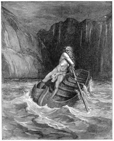 Charon der Fährmann rudert, um Dante und Virgil abzuholen, um sie über den Styx zu bringen, 1861 von Gustave Dore