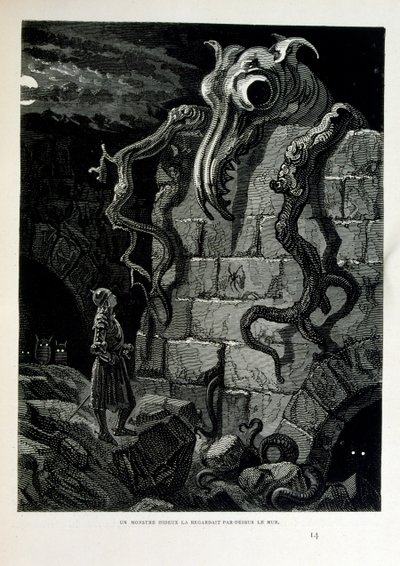 Croque-Mitaine; 1863 Illustration, von Gustave Doré; französischer Künstler, Druckgrafiker, Illustrator. Croque-Mitaine (Der Bögemann) eine bösartige Figur, die Kindern präsentiert wird, um sie zu erschrecken und dadurch weiser zu machen. von Gustave Dore