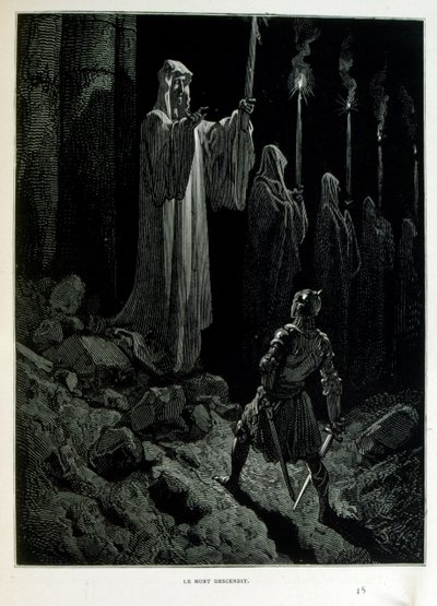 Croque-Mitaine; Illustration von 1863, von Gustave Doré (1832–1883); französischer Künstler, Druckgrafiker, Illustrator. Croque-Mitaine (Der Bögemann) ein bösartiger Charakter, der Kindern vorgestellt wird, um sie zu erschrecken und sie so weiser zu machen von Gustave Dore