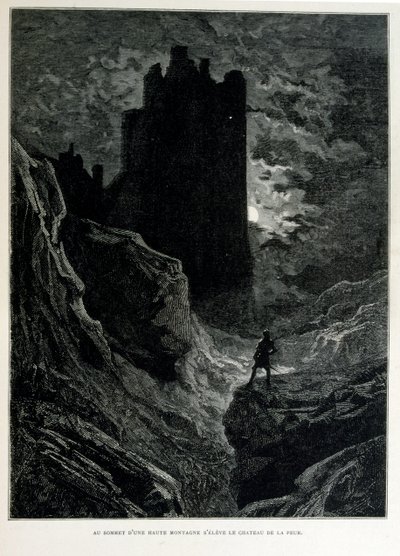 Croque-Mitaine; Illustration von 1863, von Gustave Doré (1832–1883); französischer Künstler, Druckgrafiker, Illustrator. Croque-Mitaine (Der Bögemann) ein bösartiger Charakter, der Kindern vorgestellt wird, um sie zu erschrecken und sie so weiser zu machen von Gustave Dore