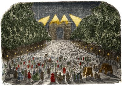 Menschenmenge bewundert die elektrische Beleuchtung des Arc de Triomphe und der Champs-Élysées in Paris am 26. und 27. Oktober. von Gustave Dore