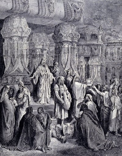 Kyros II. der Große (580 v. Chr. - 530 v. Chr.) befreite die gefangenen Völker bei seiner Ankunft in Babylon im Jahr 539 v. Chr. und gab dem jüdischen Volk die heiligen Gefäße zurück, die als Beute im Tempel von Jerusalem genommen worden waren. Gravur von  von Gustave Dore