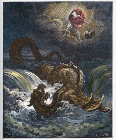 Zerstörung des Leviathan - Die Zerstörung des Leviathan, des Meeresmonsters des Alten Testaments - Gravur in „Die illustrierte Bibel“ von Gustave Doré (1832-1883) - Gravur aus „Die Doré-Bibel“ von Gustave Dore