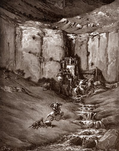 Don Quijote und Sancho Panza sehen einen Wasserfall und lärmende Hütten (Gravur von Gustave Doré für „Der sinnreiche Junker Don Quijote von der Mancha“ von Miguel de Cervantes) von Gustave Dore