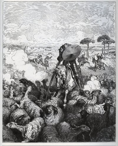 Don Quixote greift eine Schafherde an, da er glaubt, es handle sich um die Armee von Alibanfaron von Taprobana - aus „Don Quixote de la Mancha“ von Miguel Cervantes (1547-1616) - Holzschnitt nach einer Zeichnung von Gustave Dore von Gustave Dore