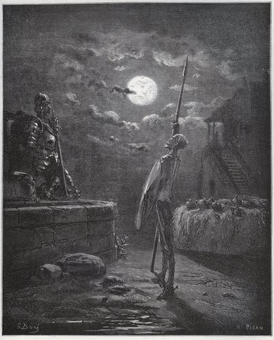 Don Quixote wacht über seine Waffen - aus „Don Quixote de la Mancha“ von Miguel Cervantes von Gustave Dore