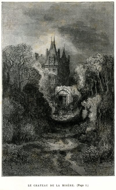 Illustration von Gustave Doré im Frontispiz des Romans von Théophile Gautier „Der Kapitän Fracasse“. Charpentier-Ausgabe 1863. Das Schloss der Misere, Heimat des Barons von Sigognac. von Gustave Dore