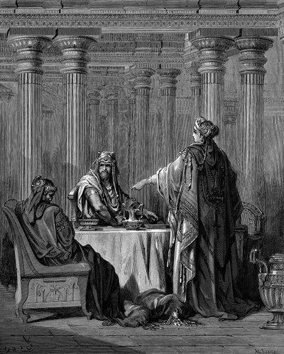 Esther ca. 450 v. Chr. vor ihrem Ehemann König Xerxes I. von Persien, 1866 von Gustave Dore