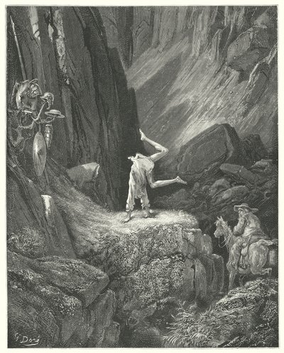 Gustave Dorés Don Quixote: "Er machte zwei oder drei Sprünge in die Luft und landete dann auf seinen Händen, wobei er zweimal hintereinander seine Fersen über seinen Kopf warf" von Gustave Dore