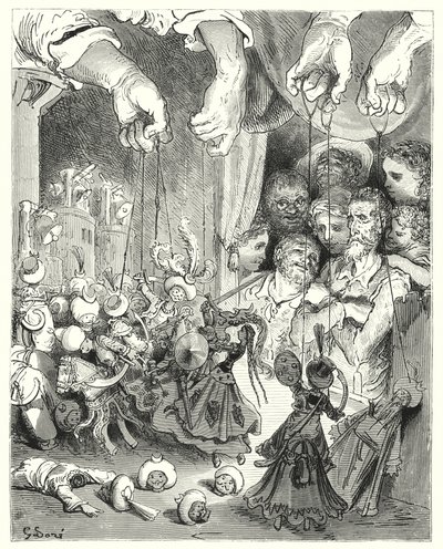 Gustave Dorés Don Quixote: "Beobachte, was für eine riesige Menge glänzender Pferde aus der Stadt strömt, um die christlichen Liebenden zu verfolgen" von Gustave Dore