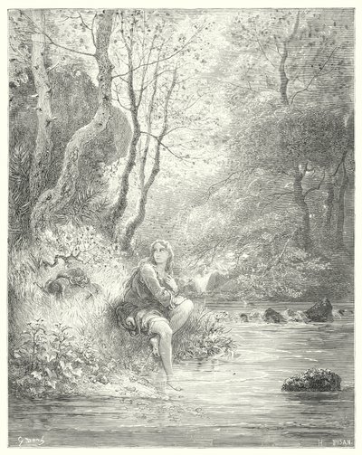 Gustave Dorés Don Quixote: "Sie entdeckten einen jungen Mann in ländlicher Kleidung, der am Fuße eines Felsens hinter einem Eschenbaum saß" von Gustave Dore