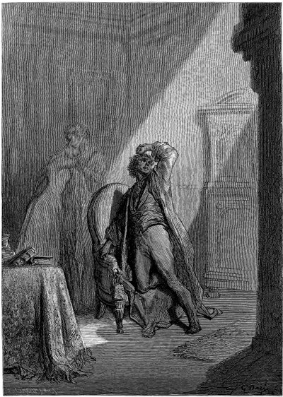 Illustration von Gustave Doré (1832-1883) für Edgar Allan Poes Kurzgeschichte „Der Rabe“. Diese Serie wurde 1883, dem Jahr seines Todes, von Doré fertiggestellt und ist daher eines seiner letzten Werke. von Gustave Dore