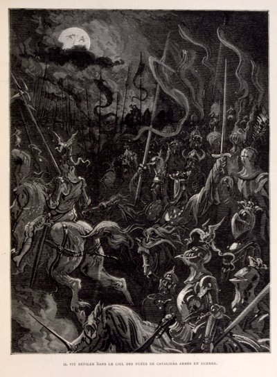 Illustration von Rittern im Kampf während eines mondbeschienenen Abends von Gustave Dore