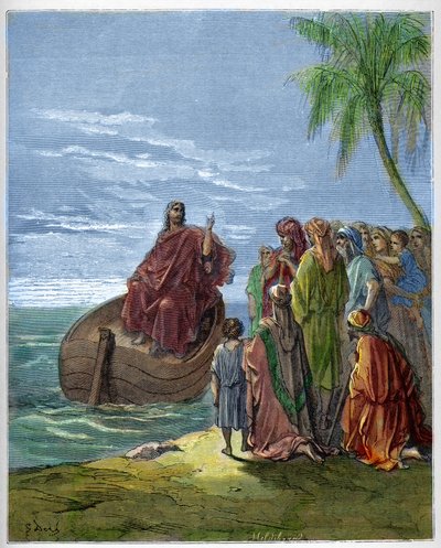 Jesus predigt am See Genezareth - Gravur in „Die illustrierte Bibel“ von Gustave Doré - Gravur aus „Die Doré-Bibel“ von Gustave Dore