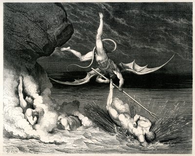 Die Hölle (La divina commedia) von Dante Alighieri illustriert von Gustave Doré. Hachette-Ausgabe 1861 - Dämon - Französische Übersetzung von Pier-Angelo Fiorentino.... Si mosse, e grido: Tu se 