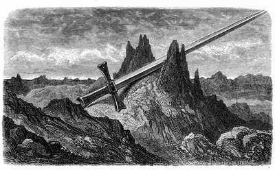 La „Breche de Roland“, Bergspalte durch Durandal, das Schwert des Helden: Gravur von Gustave Doré, die das Buch „Reise in die Pyrenäen“ von Hippolyte Taine, Hachette 1860, illustriert. von Gustave Dore