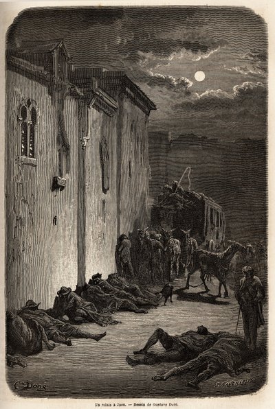 Eine Nacht in einem Relais in Jaen. Zeichnung von Gustave Doré zur Illustration seiner Reise nach Spanien 1862 mit Ch. Davillier. Gravur in „Le tour du monde“, herausgegeben von Edouard Charton von Gustave Dore