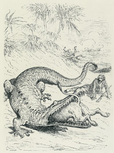 „Die Abenteuer des Baron von Münchhausen“: Der furchtlose Baron von Münchhausen, verfolgt von einem Löwen, kreuzt den Weg eines riesigen Krokodils, das den Löwen verschlingen wird. Illustration von Gustave Doré Ende des 19. Jahrhunderts von Gustave Dore
