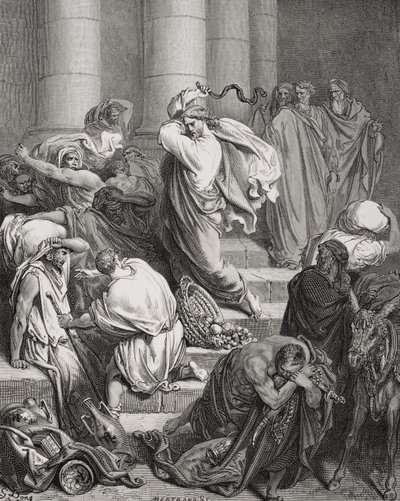 Die Käufer und Verkäufer aus dem Tempel vertrieben, Lukas 19:45-46, Illustration aus Dorés 
