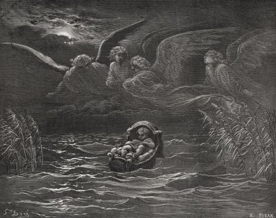 Das Kind Moses am Nil, Exodus 2:1-4, Illustration aus Dore