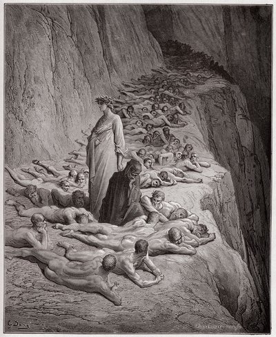 Die Göttliche Komödie (La Divina Commedia), Purgatorio, Gesang 19: Die Seelen der Habgierigen: Adrian V spricht zu Dante - von Dante Alighieri (1265-1321) - Illustration von Gustave Doré (1832-1883) von Gustave Dore