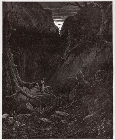 Die Göttliche Komödie (La Divina Commedia), Inferno, Gesang 1: Der Löwe konfrontiert plötzlich Dante - von Dante Alighieri (1265-1321) - Illustration von Gustave Doré (1832-1883) von Gustave Dore